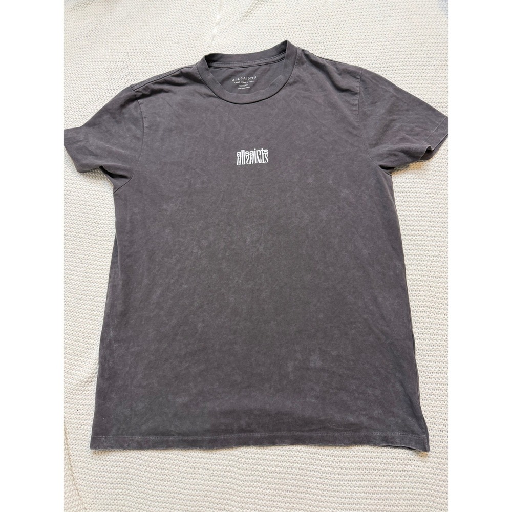 AllSaints Mens Relaxed Fit Distorted Logo Graphic T-Shirt Charcoal Grey X-Small